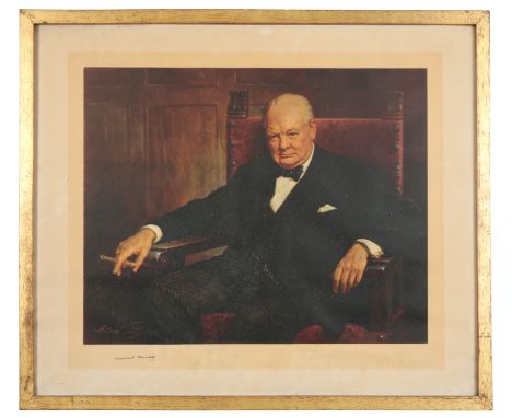 AFTER ARTHUR PAN (1894-1993) A portrait of Sir Winston Churchillmid-20th century, a coloured print on paper, seated in a char