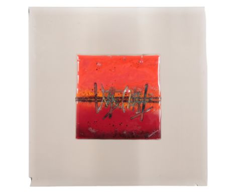 SHARON HARDING: 'SUNSET MARS', AN ABSTRACT ART GLASS PLAQUE 1960s or 1970s, signed to the right-hand corner, of red and orang
