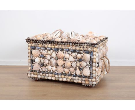 A LARGE SHELLCRAFT BOX 20th century or later, the exterior entirely decorated with sea shells, bi-valves, and gastropods, twi