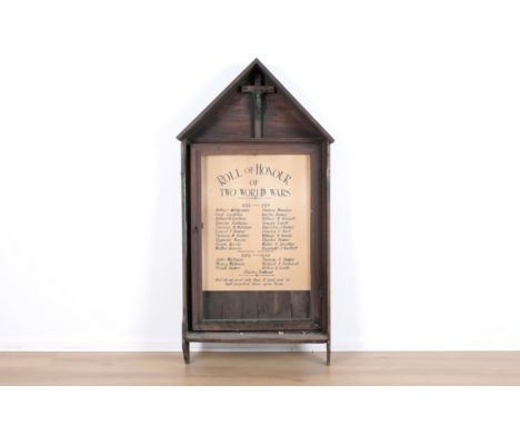 A 'ROLL OF HONOUR OF TWO WORLD WARS' housed in an early 20th century oak apex roofed display case with bronze verdigris cruci