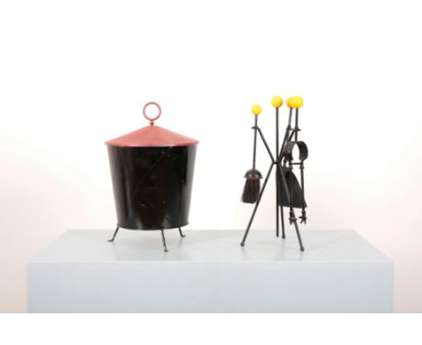 A COLLECTION OF BLACK ENAMELLED 'ATOMIC' FIRESIDE UTENSILS AFTER ROGER FERAUDcomprising a black enamelled coal scuttle with r