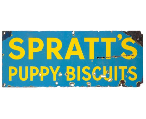 A 'SPRATT'S PUPPY BISCUITS' ENAMEL ADVERTISING SIGNthe turquoise ground with yellow lettering, 30cm high x 76cm long
