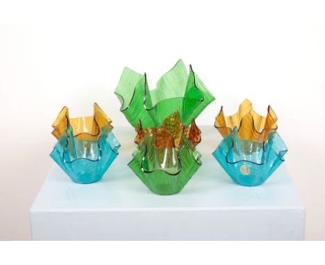 A COLLECTION OF HANDKERCHIEF VASES OR BOWLS BY PILKINGTON GLASSof varying colours and textures, the largest 7cm high x 23cm w