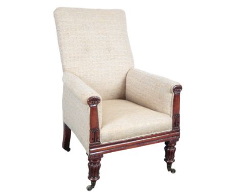 A REGENCY MAHOGANY ARMCHAIRthe tall button back over a square seat, the outswept arms carved to the front with shell motifs, 