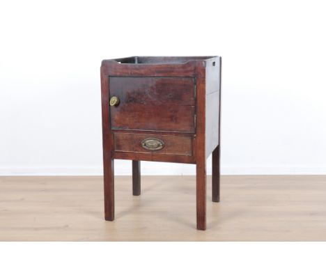 A GEORGE III MAHOGANY NIGHT COMMODEenclosed by a single door and single drawer beneath, on square legs, 80cm high x 50cm high