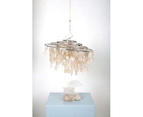 VERNER PANTON (1926-1998, DANISH): A CAPIZ SHELL AND CHROME 'FUN 1DM' CHANDELIER mid-century modern, the four chrome tiers wi