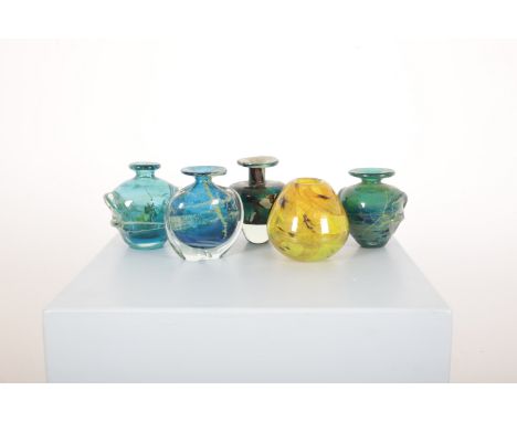 THREE AMPHORA BY MDINAof turquoise ground and with yellow inclusions, the tallest 14cm high; together with a Mdina bulbous ye