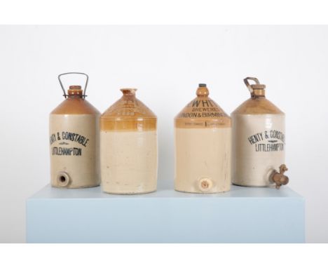 FOUR STONEWARE BEER DISPENSERS OR FLAGONSincluding two for 'Henty & Constable, Littlehampton', one for 'R. White Breweries', 