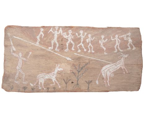 AN ABORIGINAL BARK PAINTING OF A HUNTING SCENE27cm high x 56cm wide