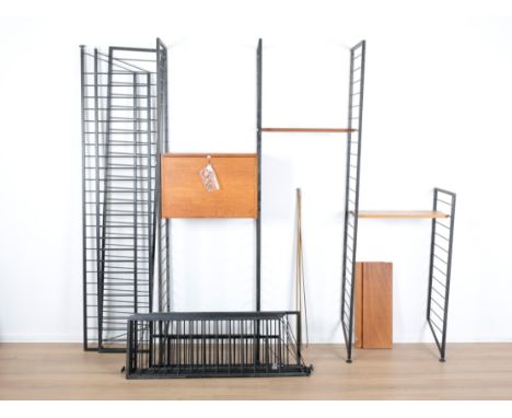 A 'LADDERAX' TEAK AND BLACK ENAMELLED SHELVING SYSTEMmid-century modern, comprising a bureau/drinks cabinet with door and lea