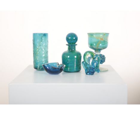 A COLLECTION OF MOSTLY SIGNED MDINA GLASSmid-century modern, predominantly turquoise with swirling 'inclusions', including a 