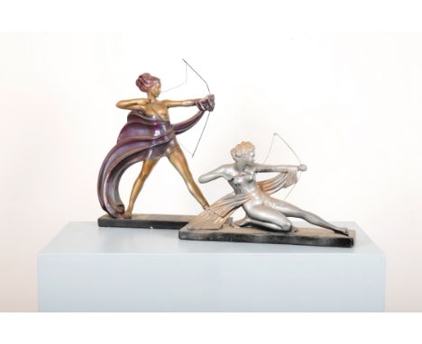 A LARGE ART DECO PLASTER SCULPTURE OF THE GODDESS DIANA THE HUNTRESSin the style of Faguays, with metallic finish and metal b
