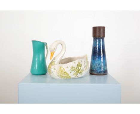 MICHAEL ANDERSEN FOR BORNHOLM, DENMARK: A BLUE GLAZED CONICAL VASE29.5cm high; together with a Dansk design turquoise enamel 