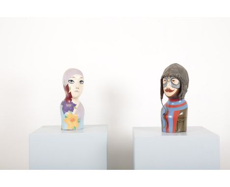 TWO POLYCHROME PAINTED PLASTER MANNEQUIN OR DECORATIVE HEADS mid-century modern, one painted as a pilot with goggles and real