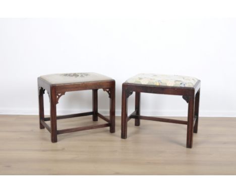 A GEORGE III MAHOGANY RECTANGULAR STOOLthe drop-in seat upholstered in floral patchwork, on square legs with later carved lea