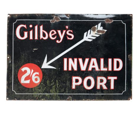 A PAINTED ENAMEL ADVERTISING SIGN FOR 'GILBEY'S INVALID PORT'on a black ground with white lettering and arrow pointing to '2'