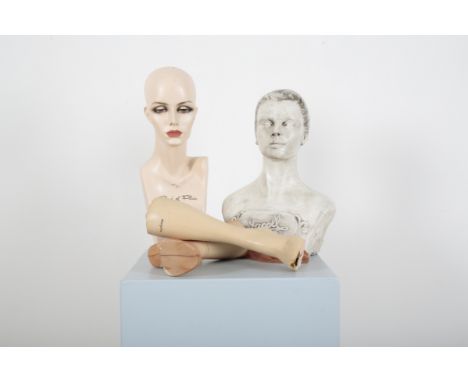 A MANNEQUIN BUST BY 'JACOLL HOLTS'of monochrome plaster construction with closely cropped hair, 48cm high approx.; together w