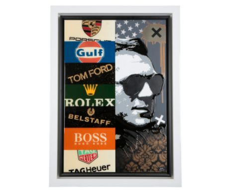 HUE FOLK (b.1989) 'Mr McQueen'monochrome portrait of Steve McQueen contrasted by an assortment of luxury brands, signed lower