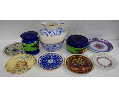 A collection of china, includes Mason's, two Ringtons Maling Ware flower frog vases, Royal Worcester, a large Royal Winton ju