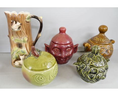 Five face condiment pots, onions, apple sauce, beetroot and mint together with a Hornsea pottery vase *Not for Posting and Pa