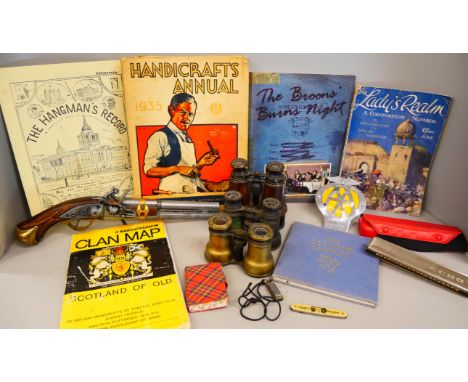 Three pairs of binoculars, a Hohner harmonica, an AA badge, a replica pistol and ephemera including 1935 Handicrafts Annual, 