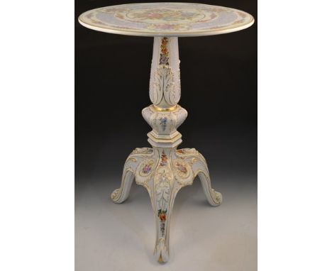 German porcelain pedestal table, VEB Porcelain Works, Plaue, late 20th Century, circular top, painted with floral sprays and 