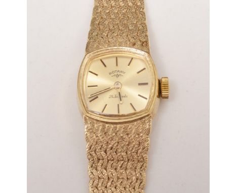 Ladies Rotary 9ct gold wristwatch, TV dial, 21 jewel movement on a burnished gold strap.