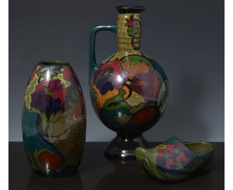 A Gouda pottery High-fire vase, stylised Art Nouveau floral design; together with a similar jug, vase, small planter, sabot, 