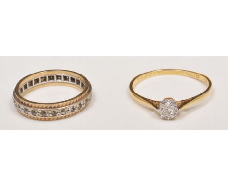 18ct hallmark gold diamond solitaire ring, illusion set and an eternity ring (2).