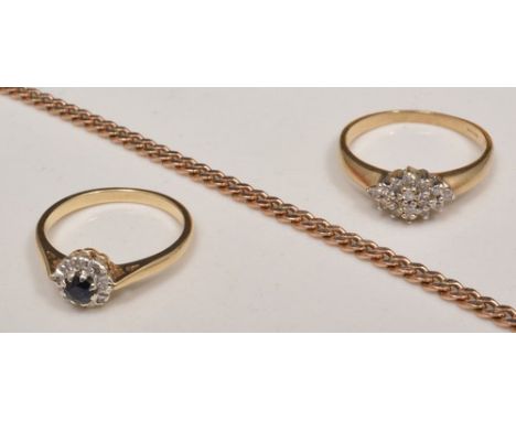 9ct hallmark gold diamond cluster ring, a sapphire cluster ring and a 9ct bracelet (3).