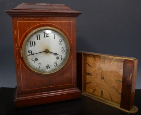 Edwardian mahogany mantel clock, with boxwood stringing, British Jerome movement with trade label, 36cm and a walnut faced an