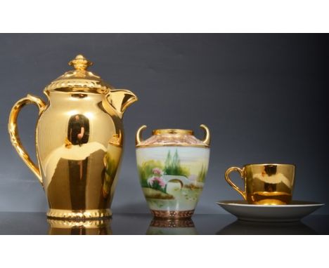 Royal Worcester gold ground coffee set, sylvac vase, sylvac planter and other pottery.