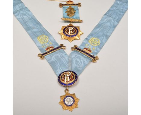 RAOB interest: 9ct hallmark gold and enamel Roll of Honour medal and a sash.