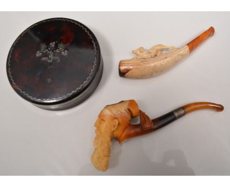 Victorian papier mache snuff box, circular form with inlaid decoration, diameter 9cm, a Meerschaum pipe and a Meerschaum chee