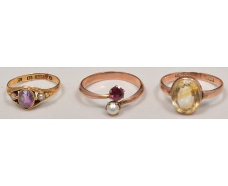 18ct hallmarked rose gold citrine set dress ring, 15ct amethyst and seed pearl ring and a garnet and pearl ring (3).