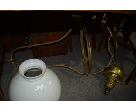 Brass oil lamp, ceiling hanging, adapted as lantern with opaque shade, 78cm frame and another lantern.