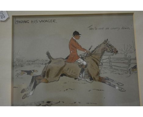 After Charlie Johnson Payne (Snaffles), "Landing His Wager", set of four small colour prints, 12cm x 15cm, mounted and framed