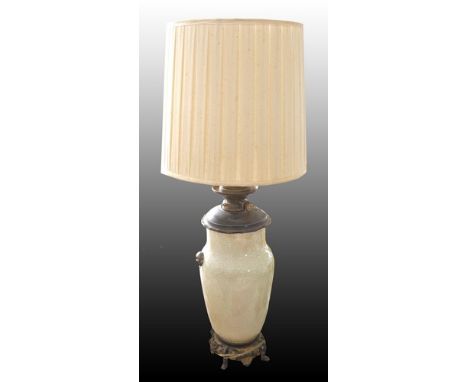 Crackle glazed lamp base, Chinese style metal mounts, complete with a pleated shade, 83cm overall.