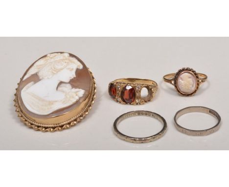 Oval cameo brooch, 9ct hallmark gold mount, 42mm, a 9k garnet ring with two (of three) stones, 9ct hallmark gold cameo ring a