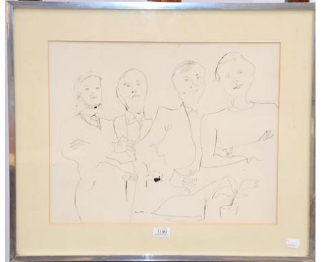 Richard Snowdon (1950-2014) Ink sketch portrait of four figures watching the first television broadcast, signed pen and ink, 