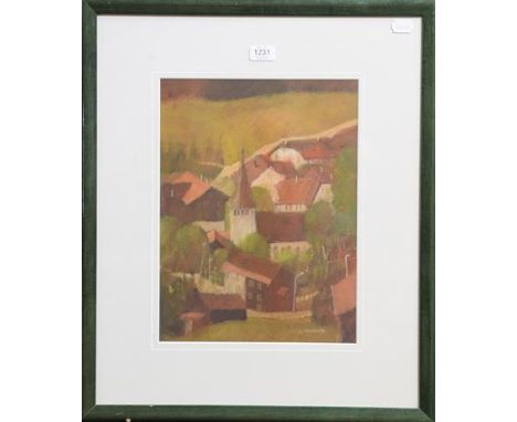 Guerino Paltenghi (b.1935) Swiss, Church and Hilltown, signed, oil on panel, 39.5cm by 30cm    Artist's Resale Rights/Droit d