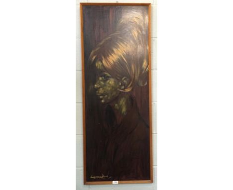Barry Leighton-Jones (1932-2011) Portrait of a lady, signed, oil over print?, 121cm by 44.5cm