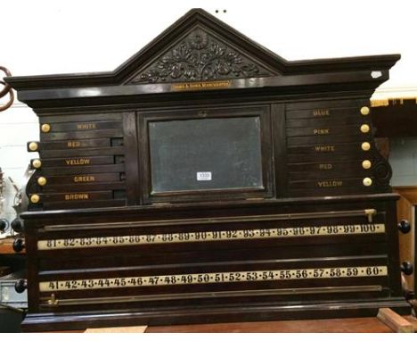 Orme &amp; Sons, Manchester: a Victorian carved mahogany snooker score board, late 19th century, the moulded pediment above a