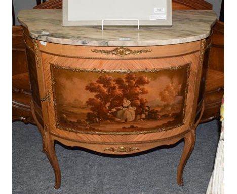 A 20th century marble topped bow fronted side cabinet in Vernis Martin style, with painted panel and gilt metal mounts, 90cm 