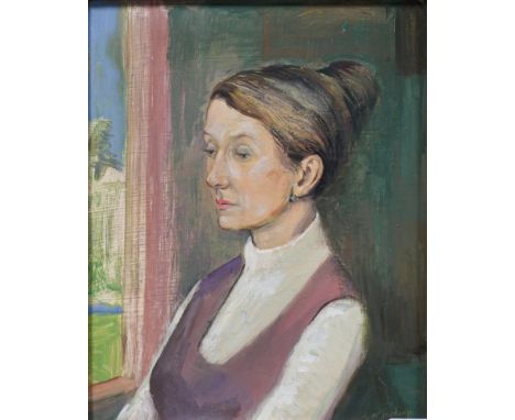 George Jardine (1920-2003) Portrait of June Furlong Signed, oil on board, 21.5cm by 17cm  Sold together with a copy of ''June
