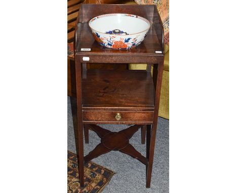 A small George III mahogany washstand, together with a Chinese Qianlong Imari bowl, and a Staffordshire inkwell (3)