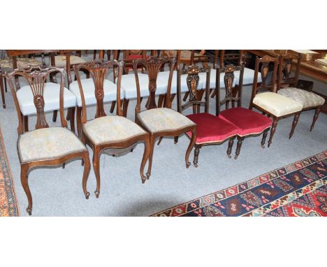 Assorted chairs, to include a set of three Edwardian salon chairs, a pair of Victorian inlaid bedroom chairs, and two similar