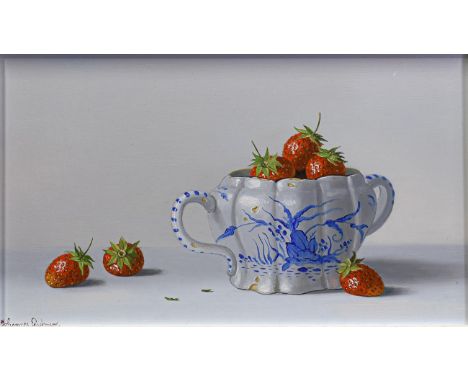 Johannes Eedermans (1950) Dutch  Still life of strawberries Signed, oil on panel, 16cm by 28cm  Artist's Resale Rights/Droit 