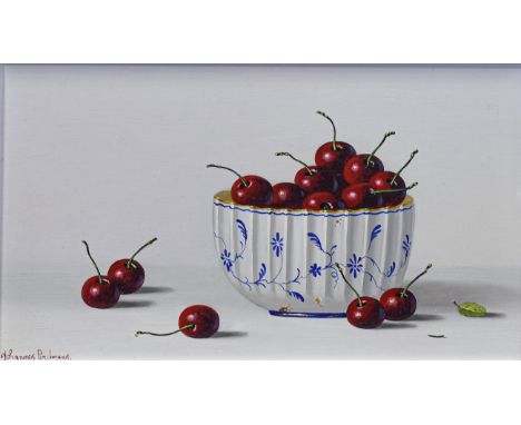 Johannes Eedermans (1950) Dutch  Still life of cherries in blue and white bowl Signed, oil on panel, 16cm by 28cm  Artist's R