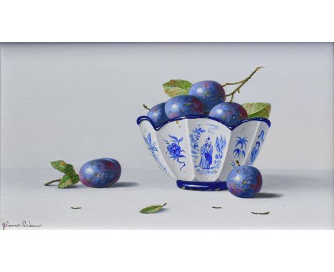 Johannes Eedermans (1950) Dutch  Still life of plums in a blue and white bowl Signed, oil on panel, 16cm by 28cm  Artist's Re